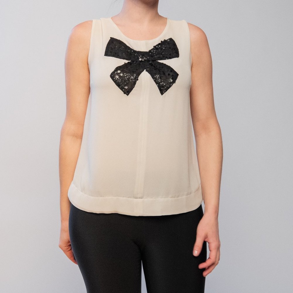 Cream Tank Top with Black Sequin Bow